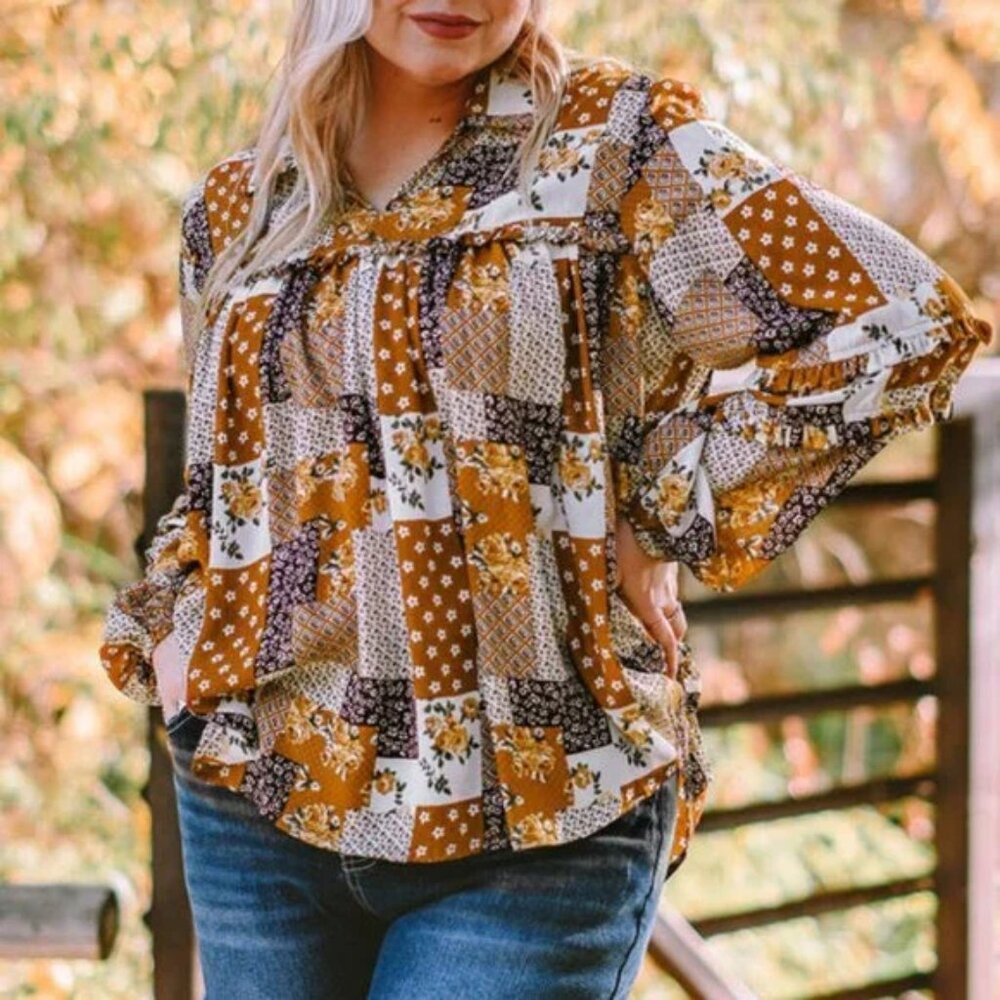 Lightweight Floral Blouse Balloon Sleeve Patchwork Multicolor Women 3X - Picture 5 of 12